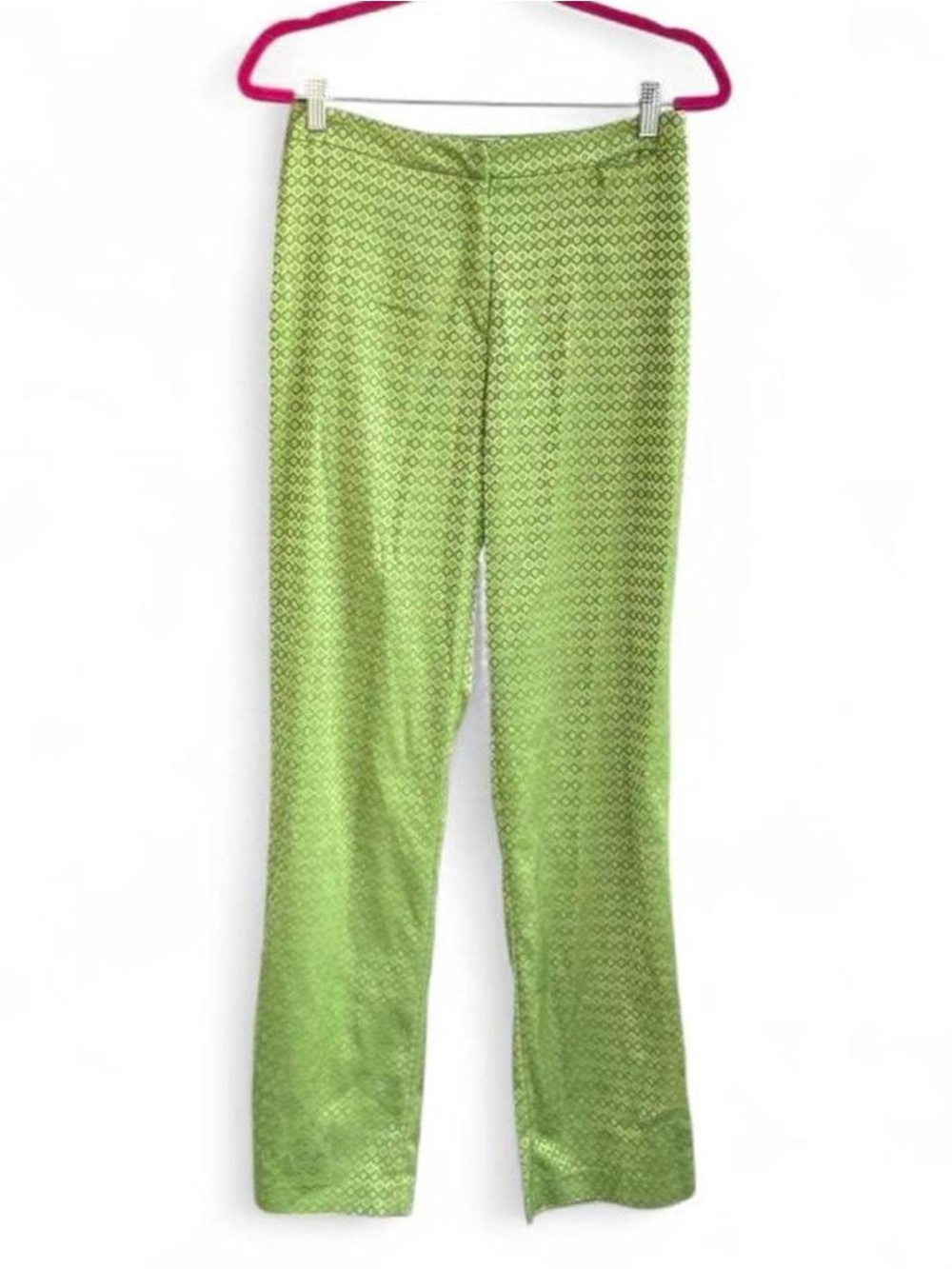 Vintage Lime Green Satin Jacquard Pants – Y2K Retro Geometric Straight Leg
